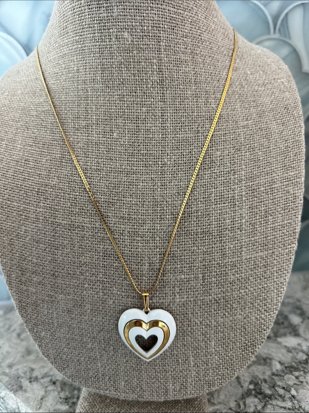 Vintage Gold and White Heart Pendant Necklace